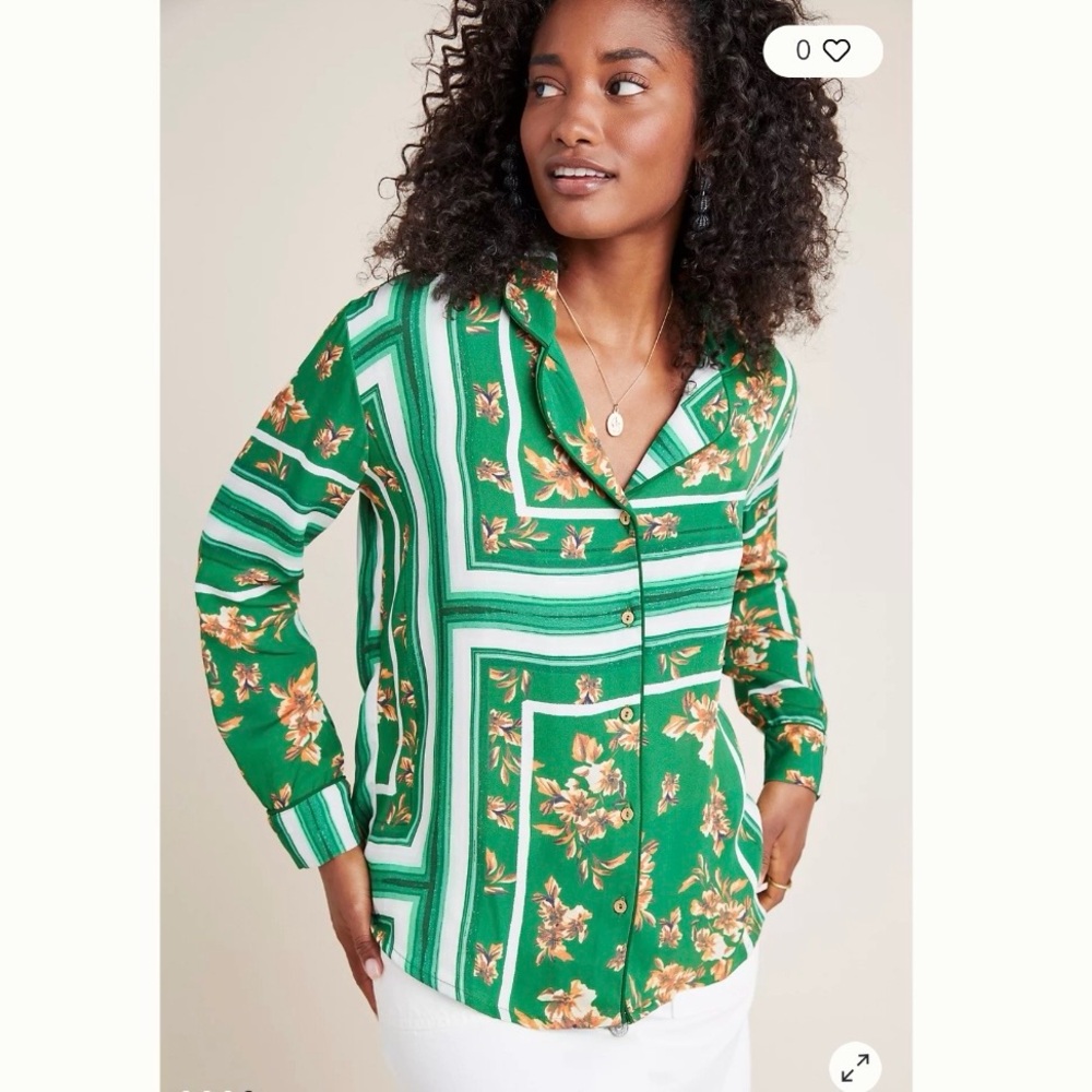 Anthropologie Rdalamal Giselle Scarf-Printed Green Tunic blouse, size Medium
